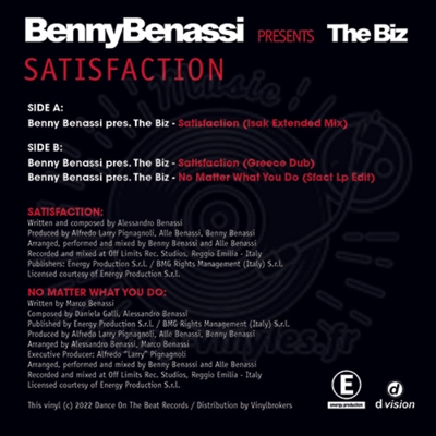 BENNY BENASSI  presents THE BIZ - SATISFACTION  (2022 OFFICIAL REISSUE)